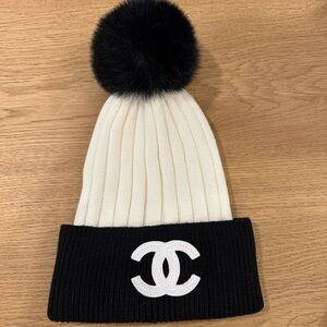 New! Boutique Black and White Knit Beanie with Pom Pom
